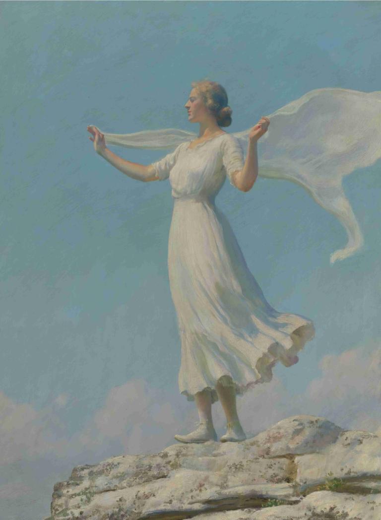 The South Wind (The Breezy Day),Charles Courtney Curran,Oljemaleri,Oljemaleri, 1 jente, kjole, solo