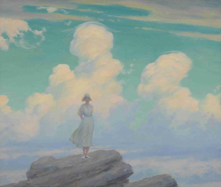 The Veiled Cloud,Charles Courtney Curran,Oil Painting,Oil Painting, 1girl, solo, dress, cloud, sky