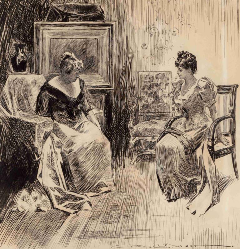 A Kind Suggestion,Charles Dana Gibson,Copperplate Etching,Copperplate Etching, monochrome, sitting, bed