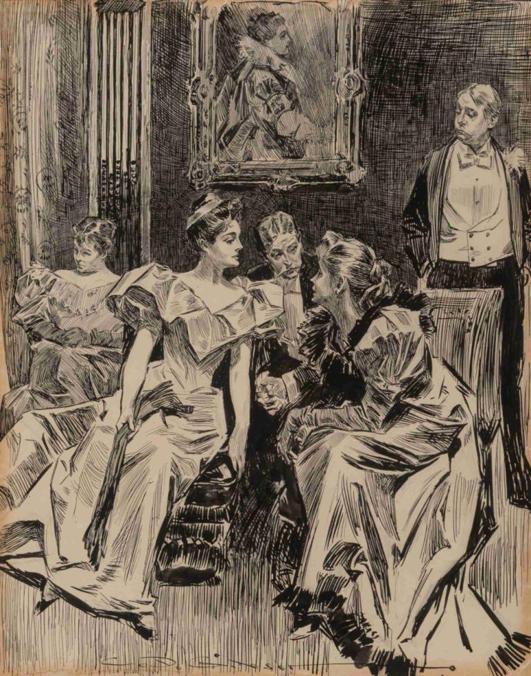 A Social Gathering,Charles Dana Gibson,Copperplate Etching,Copperplate Etching, monochrome, dress, sitting