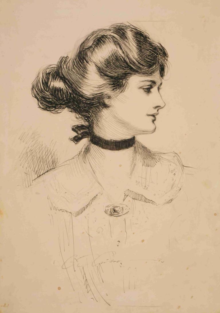 A daughter of the south,Charles Dana Gibson,Sketch,Sketch, 1girl, solo, monochrome, hair bun, choker