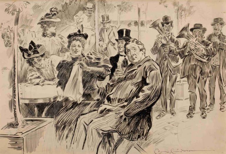 About Paris,Về Paris.,Charles Dana Gibson,Charles Dana Gibson.,Phác thảo,Phác thảo, mũ, nhiều chàng trai