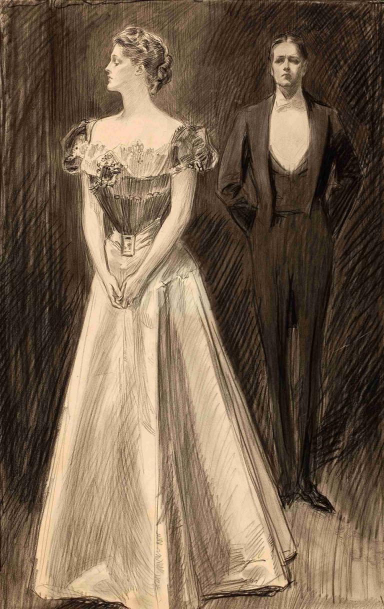 After the Opera,Charles Dana Gibson,Sketch,Sketch, 1girl, 1boy, dress, formal, monochrome, sepia, suit