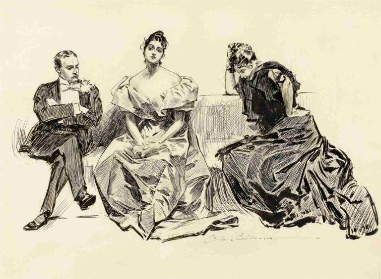 Determined Woman,Charles Dana Gibson,Sketch,Sketch, multiple boys, monochrome, 3boys, sitting, male focus