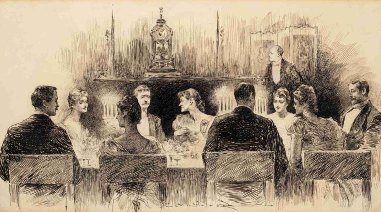 Dinner Party,Charles Dana Gibson,Sketch,Sketch, multiple boys, monochrome, 6+boys, sitting, table