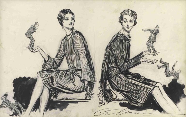 Duplicates,Charles Dana Gibson,Sketch,Sketch, monochrome, multiple girls, sitting, traditional media, 2girls