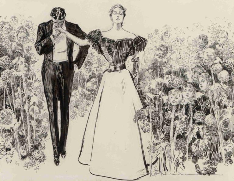 Garden of Youth,Charles Dana Gibson,Sketch,Sketch, monochrome, dress, flower, 1girl, 1boy, shirt, short hair