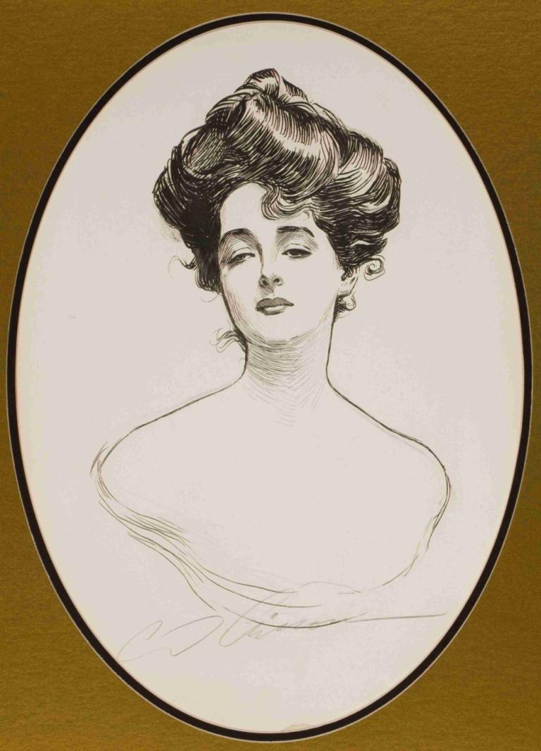 Gibson Girl,La fille Gibson,Charles Dana Gibson,Croquis,Croquis, solo, 1fille, monochrome, haut du corps