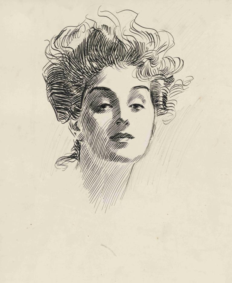 Head of a girl,Charles Dana Gibson,Sketch,Sketch, solo, monochrome, male focus, 1boy, traditional media