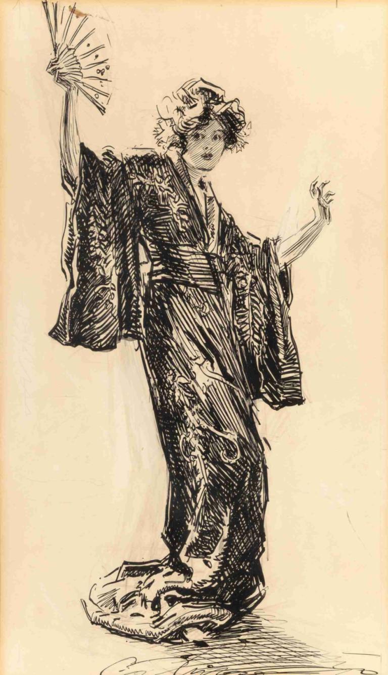 Japonette,Charles Dana Gibson,Sketch,Sketch, solo, 1girl, japanese clothes, monochrome, kimono, hand fan