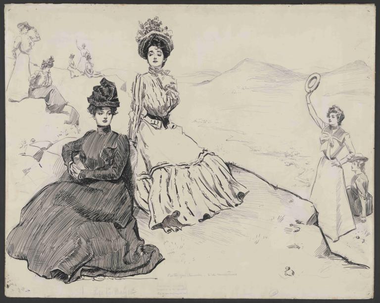 Picturesque America, anywhere in the mountains,Charles Dana Gibson,Sketch,Sketch, multiple girls, monochrome