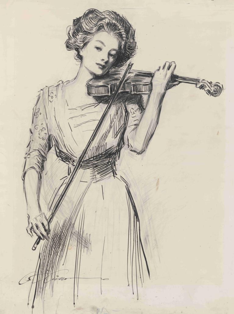 Sweetest story ever told,Charles Dana Gibson,Sketch,Sketch, 1girl, instrument, solo, monochrome, dress