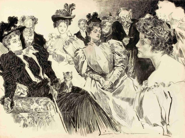 Tea Room,Herbaciarnia,Charles Dana Gibson,Szkic,Szkic, monochromia, wiele dziewczyn, sukienka, wielu chłopców