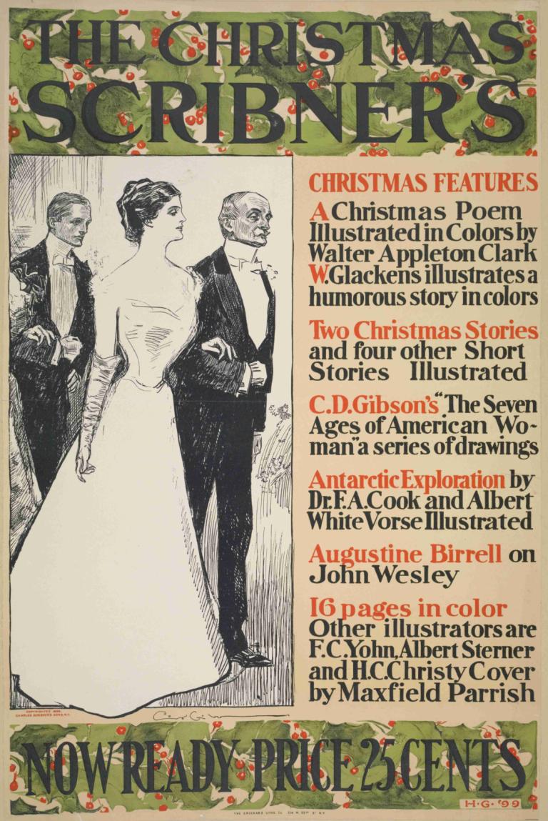 The Christmas Scribner's,Charles Dana Gibson,Illustration,Illustration, multiple boys, 1girl, 2boys, dress