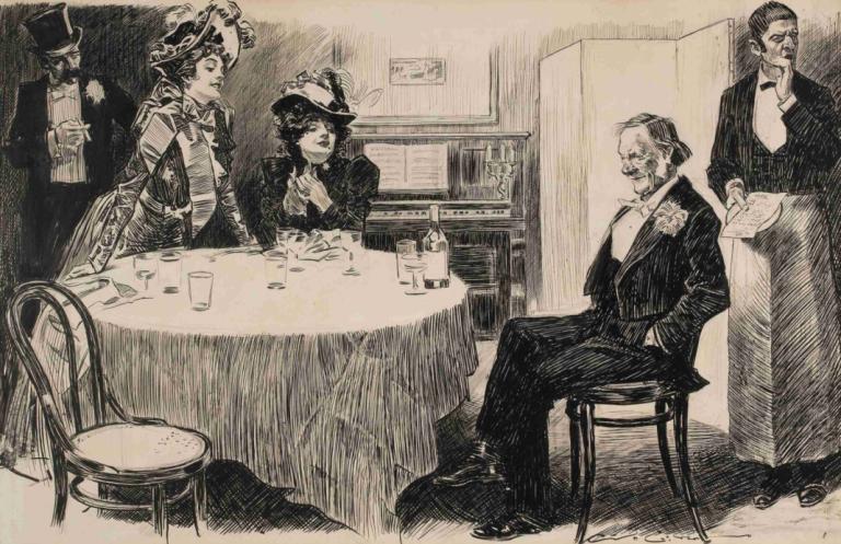 The Education of Mr. Pipp,미스터 핍의 교육,Charles Dana Gibson,찰스 다나 깁슨,동판 에칭,동판 에칭, 단색화, 여러 여자, 모자, 좌석, 테이블, 여러 소년