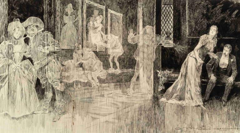 The Ghosts,幽灵,Charles Dana Gibson,查尔斯-达纳-吉布森,铜版画,铜版画, 多个女孩, 裙子, 单色, 坐着, 乐器, 多个男孩, 长发, 反射