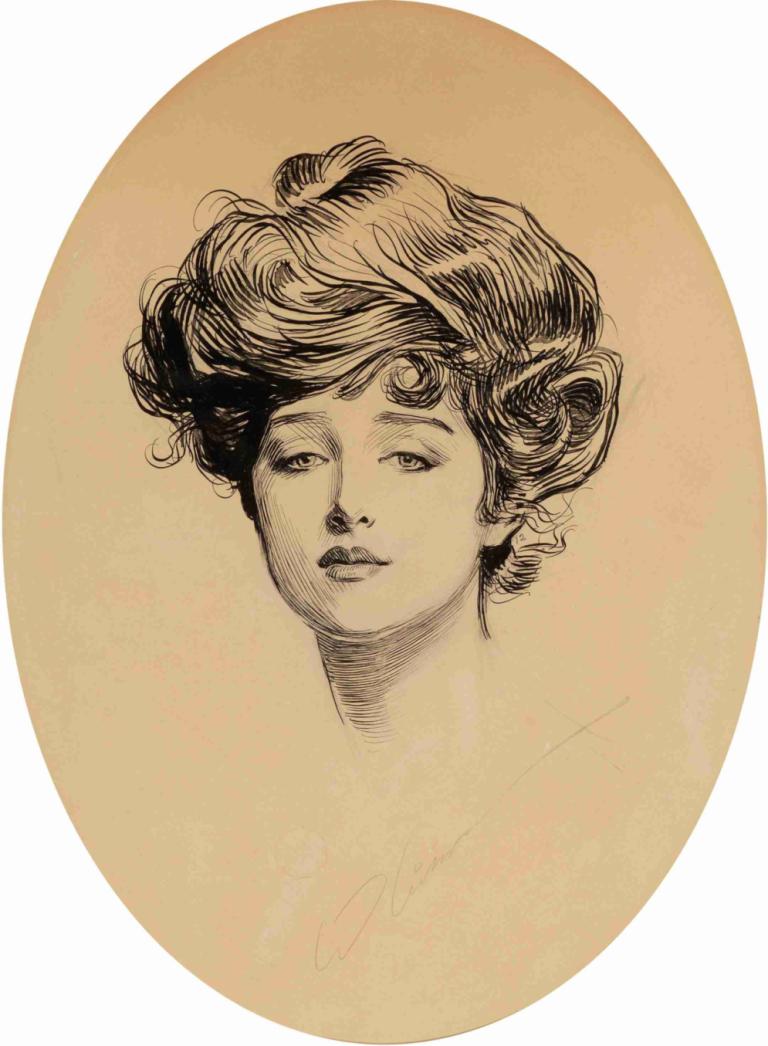 The Gibson Girl,Charles Dana Gibson,Sketch,Sketch, solo, monochrome, 1girl, portrait, curly hair