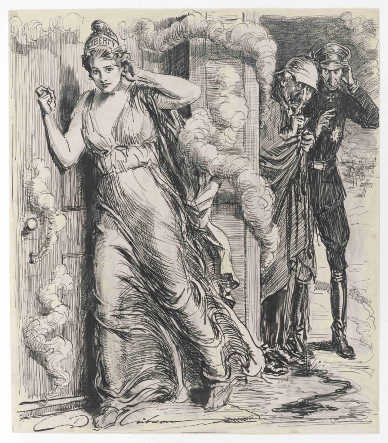 The Liberty loan at everyman's door,Charles Dana Gibson,Copperplate Etching,Copperplate Etching, 1girl