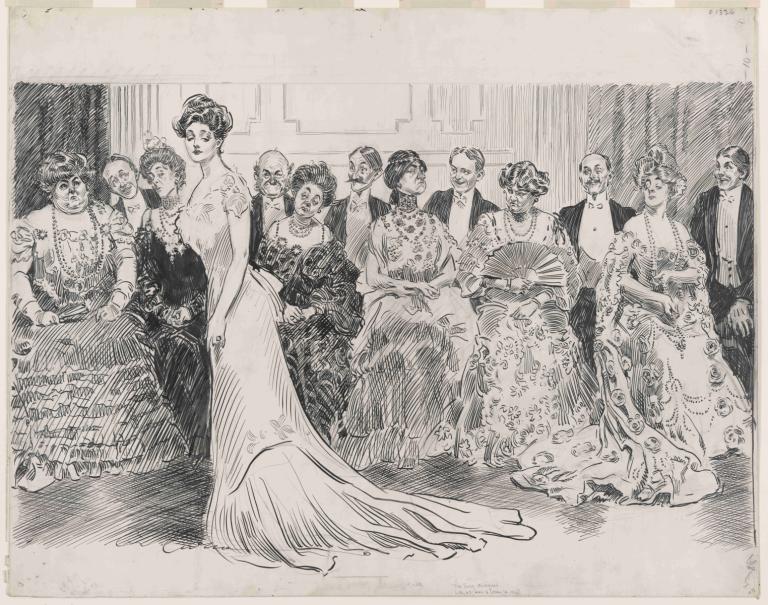 The jury disagrees,배심원단은 동의하지 않습니다.,Charles Dana Gibson,찰스 다나 깁슨,동판 에칭,동판 에칭, 단색화, 여러 여자, 드레스, 그레이스케일, 여러 소년