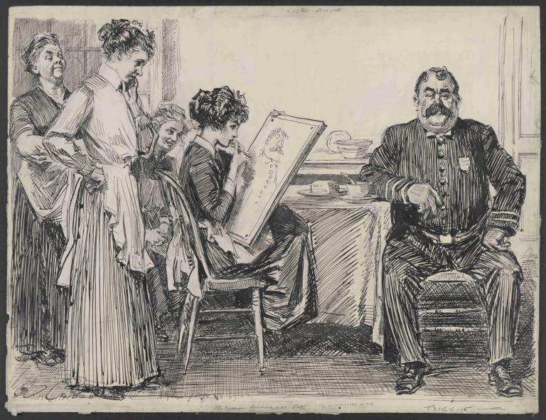 The reason dinner was late,晚餐迟到的原因,Charles Dana Gibson,查尔斯-达纳-吉布森,铜版画,铜版画, 单色, 多个男孩, 坐着, 灰度, 老的, 椅子, 正式的, 胡子