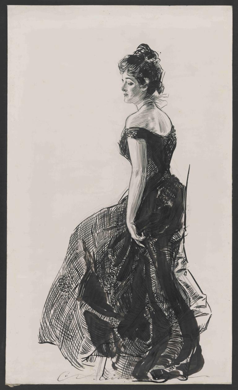 Woman in black evening dress,Kvinna i svart aftonklänning,Charles Dana Gibson,Skiss,Skiss, 1 tjej, solo