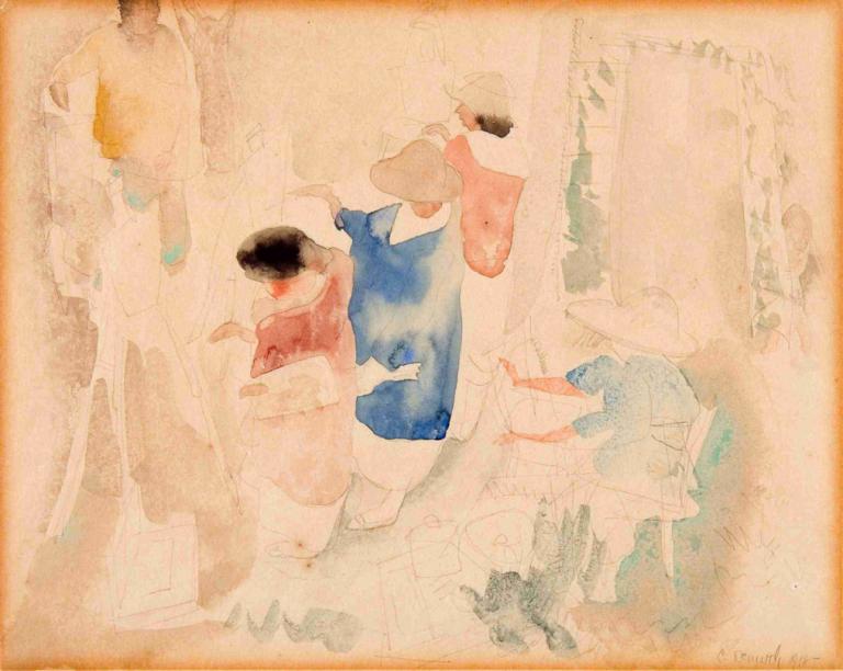 Artists Sketching,藝術家寫生,Charles Demuth,查爾斯·德穆斯,水彩畫,水彩畫, 襯衫, 傳統媒體, 帽子, 孩子, 紅襯衫, 繪畫（中）, 多個男孩, 黑髮, 水彩（中）, 短髮, 長袖