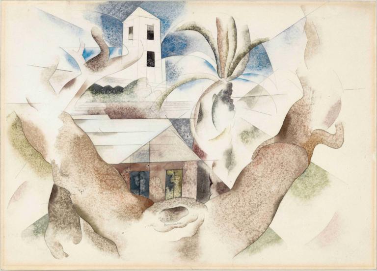 Bermuda No. 1, Tree and House,Charles Demuth,Watercolor,Watercolor, traditional media, building, solo, 1boy