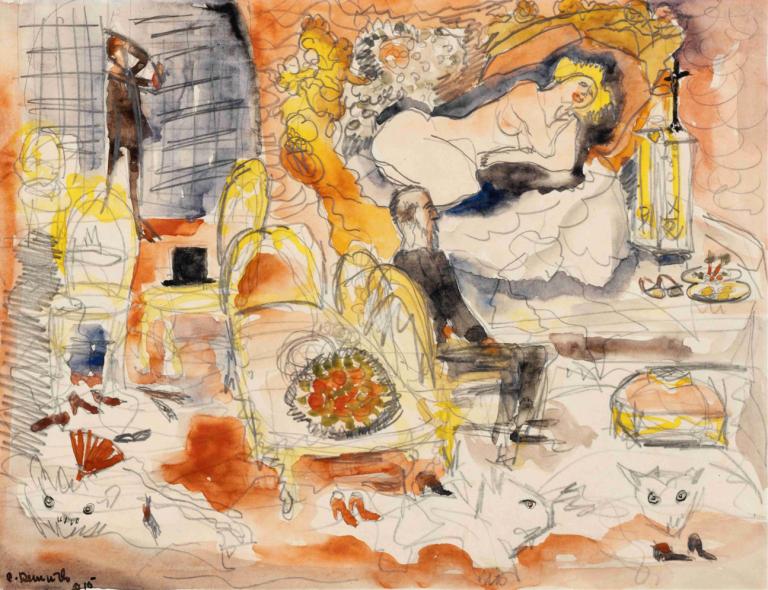 Count Muffat Discovers Nana with the Marquis de Chouard,Muffat伯爵發現了娜娜和Chouard侯爵,Charles Demuth,查爾斯·德穆斯,水彩畫