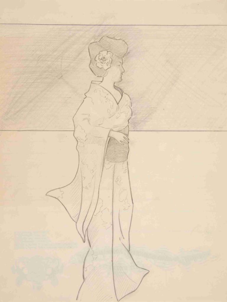 Japanese Lady,Japansk dam,Charles Demuth,Skiss,Skiss, 1 tjej, solo, japanska kläder, kimono, svartvit