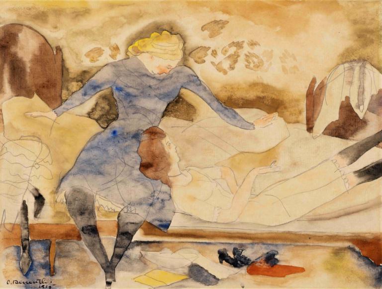 Nana Visiting her Friend Satin,친구 새틴을 방문하는 나나,Charles Demuth,찰스 데무스,수채화,수채화, 여러 여자, 갈색 머리, 드레스, 블론드 헤어, 팬티스타킹