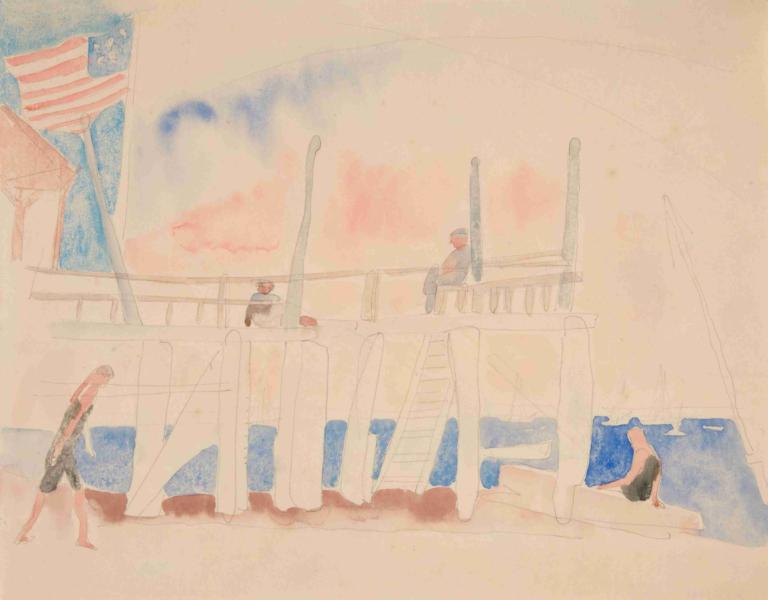 Pier With Four Figures,네 개의 숫자가 있는 부두,Charles Demuth,찰스 데무스,수채화,수채화, 여자 1명, 전통 미디어, 회화 (중), 하늘, 와이드 샷