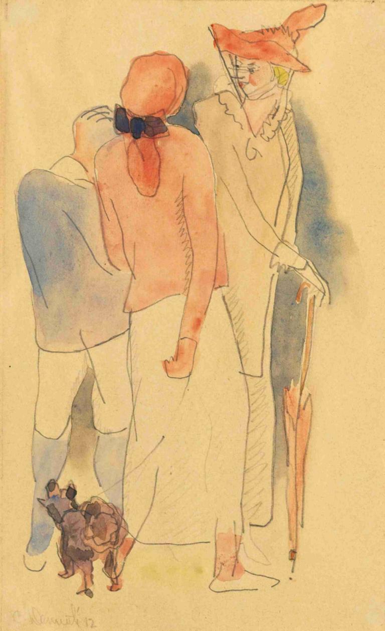 Strolling,Promenader,Charles Demuth,Akvarell,Akvarell, hatt, paraply, hästsvans, 1 tjej, klänning, 1 pojke