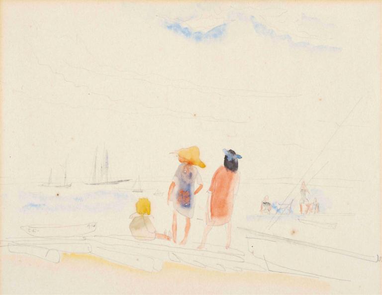 Two Women and Child on Beach,Hai người phụ nữ và trẻ em trên bãi biển.,Charles Demuth,Charles Demus.,Màu nước