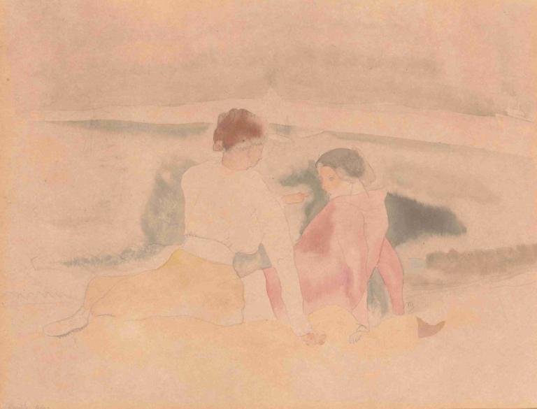 Untitled (Two Women and Boats),《無標題》(兩個女人和兩艘船),Charles Demuth,查爾斯·德穆斯,水彩畫,水彩畫, 長袖, 褲子, 白襯衫, 短髮, 白色鞋類, 襯衫, 黑髮