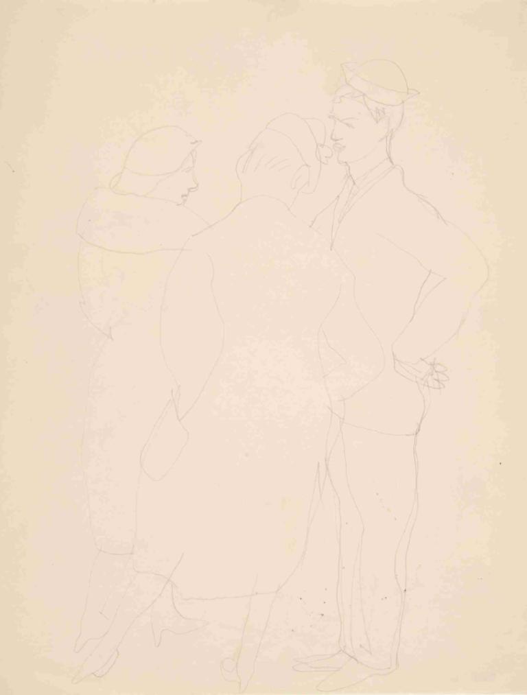 Woman with Two Sailors,有兩個水手的女人,Charles Demuth,查爾斯·德穆斯,素描,素描, 單色, 1個女孩, 高跟鞋, 帽子, 簡單的背景