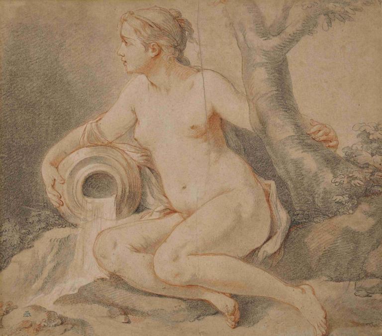 Étude de nymphe,Charles-Joseph Natoire,Color Sketch,Color Sketch, nude, 1girl, solo, nipples, navel, barefoot