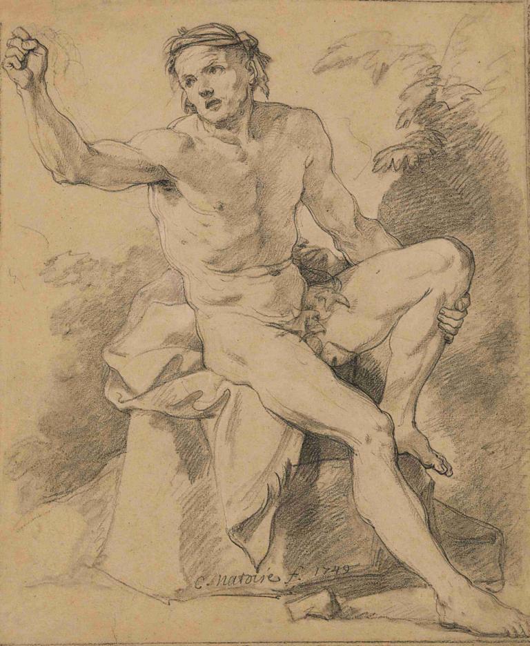 Académie d'homme nu assis,Charles-Joseph Natoire,Sketch,Sketch, male focus, 1boy, solo, fine art parody