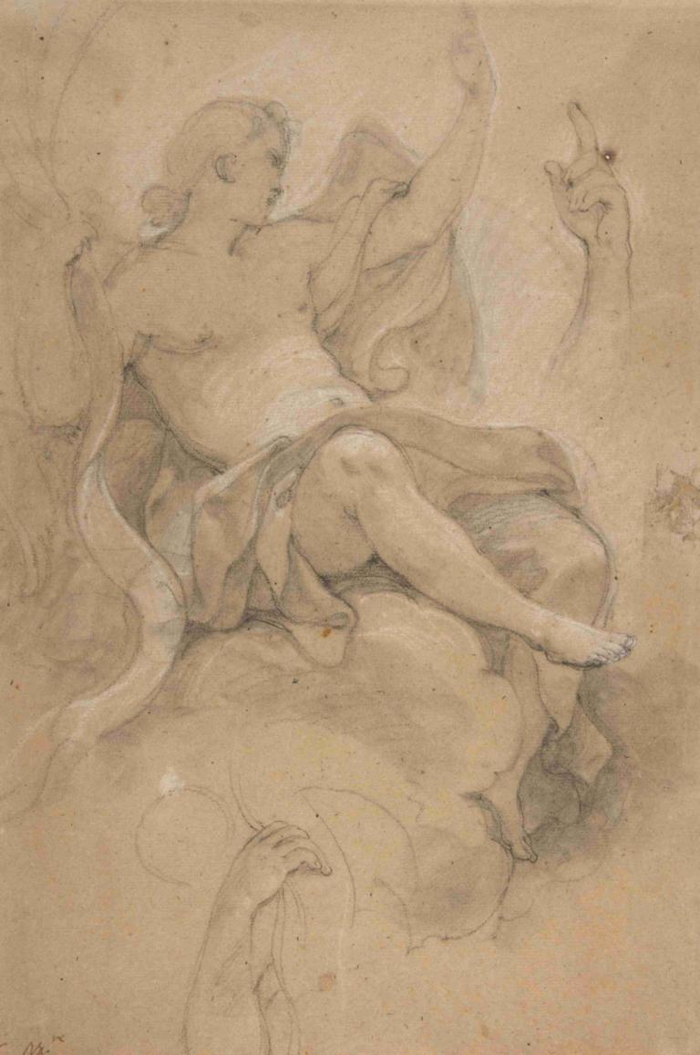 Angel Holding a Banderole,Charles-Joseph Natoire,Sketch,Sketch, 1boy, fine art parody, male focus, barefoot