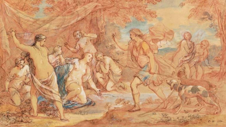 Diana And Actaeon,Charles-Joseph Natoire,Color Sketch,Color Sketch, fine art parody, multiple boys, tree