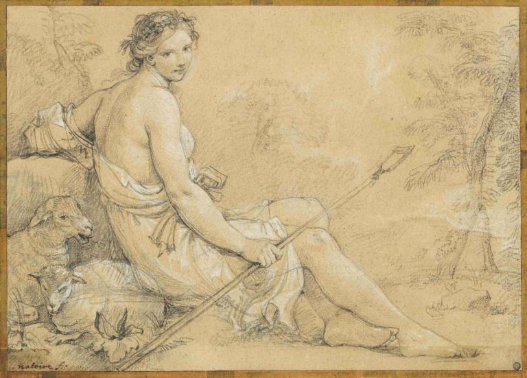 Diana, as a young shepherdess,Charles-Joseph Natoire,Sketch,Sketch, 1girl, barefoot, monochrome, polearm