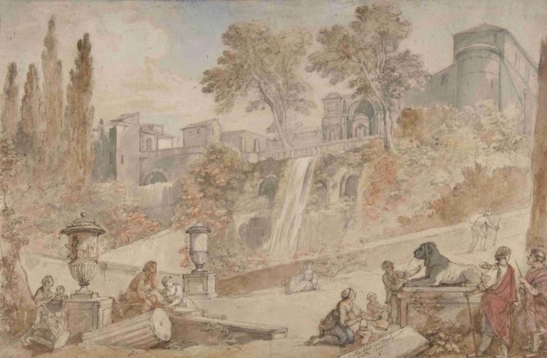 Gardens of the Villa d'Este at Tivoli,Charles-Joseph Natoire,Color Sketch,Color Sketch, tree, multiple boys