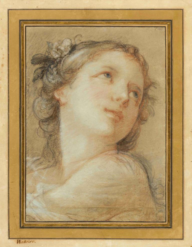 Head of a bacchante,Charles-Joseph Natoire,Color Sketch,Color Sketch, 1girl, solo, blue eyes, hair ornament