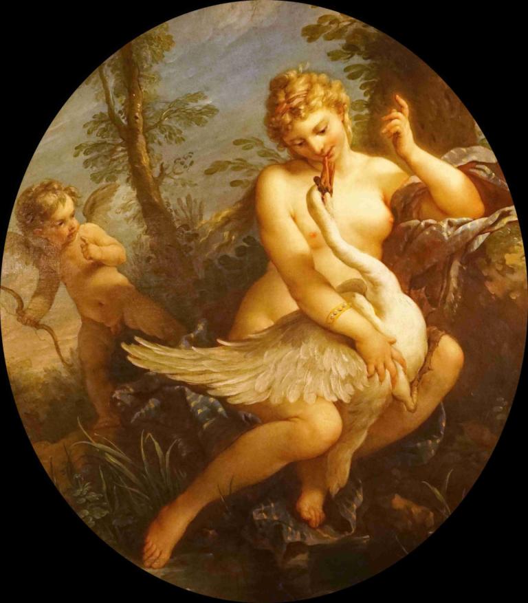 Léda et le cygne,レダと白鳥,Charles-Joseph Natoire,シャルル＝ジョセフ・ナトワール,油絵,油絵, 美術パロディ, ヌード, ブロンドの髪, 乳首, 鳥, 胸, 翼, 1女の子