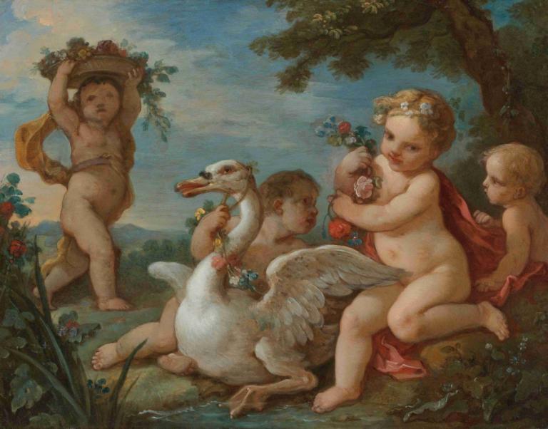 Putti Adorning A Swan With A Garland Of Flowers,Putti pryder en svan med en blomsterkrans