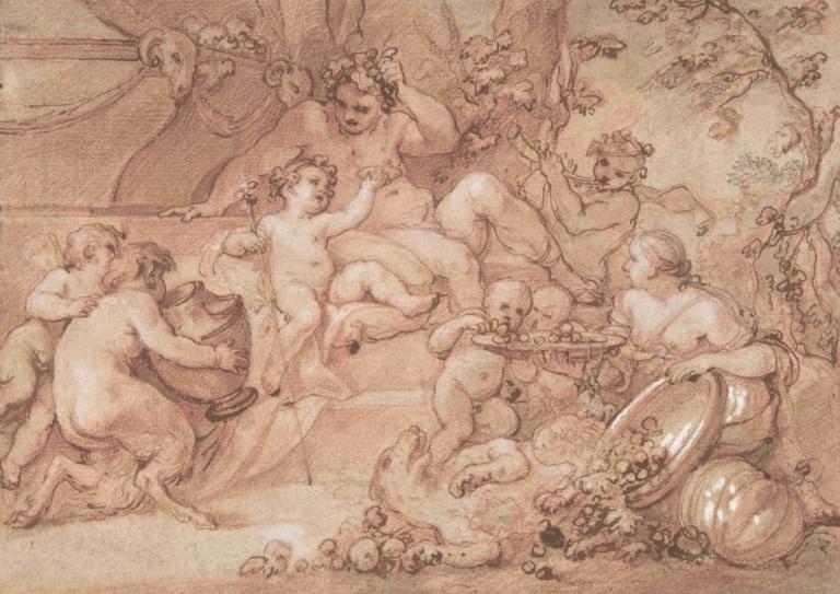 The Harvest of Silenus,西莱纳斯的收获,Charles-Joseph Natoire,查尔斯-约瑟夫-纳图雷,素描,素描, 美术模仿, 裸体, 多个女孩, 单色, 乳房, 葡萄, 乳头, 树