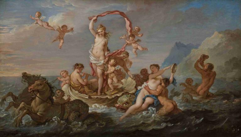 Triumph of Amphitrite,安菲特律特的胜利,Charles-Joseph Natoire,查尔斯-约瑟夫-纳图雷,油画,油画, 美术模仿, 水, 乳房, 多个男孩, 戏仿, 乳头, 裸体, 户外, 云