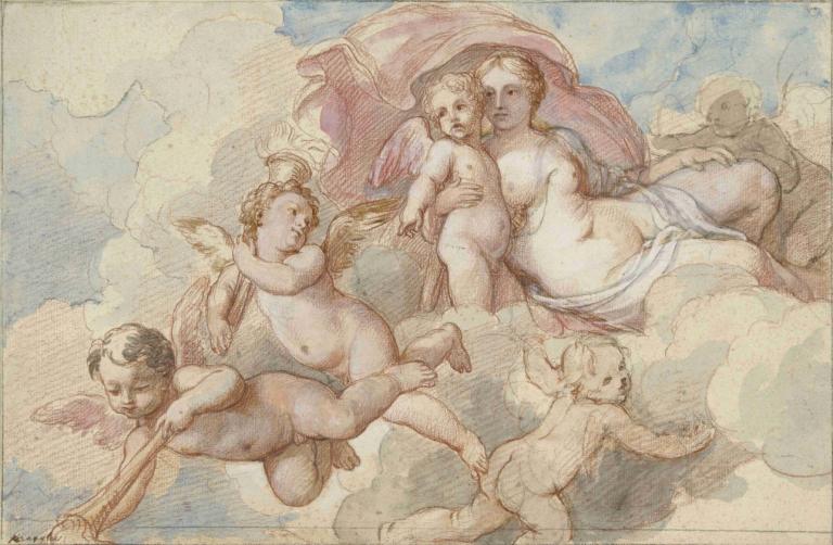 Venus met Amor en putti,Amor ve putti ile Venüs,Charles-Joseph Natoire,Renk Taslağı,Renk Taslağı, kanatlar