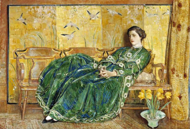 April,,Childe Hassam,Oil Painting,Oil Painting, 1girl, green dress, solo, dress, flower, sitting, bird