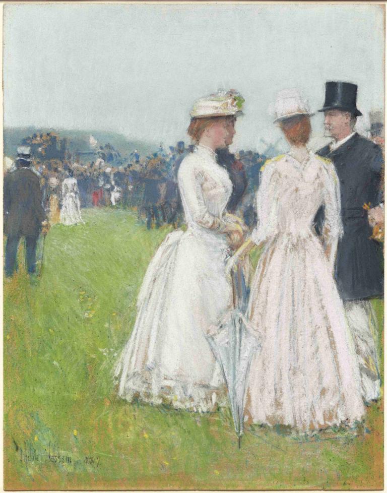 Au Grand Prix de Paris (At the Grand Prix de Paris),Childe Hassam,Oil Painting,Oil Painting, dress, umbrella