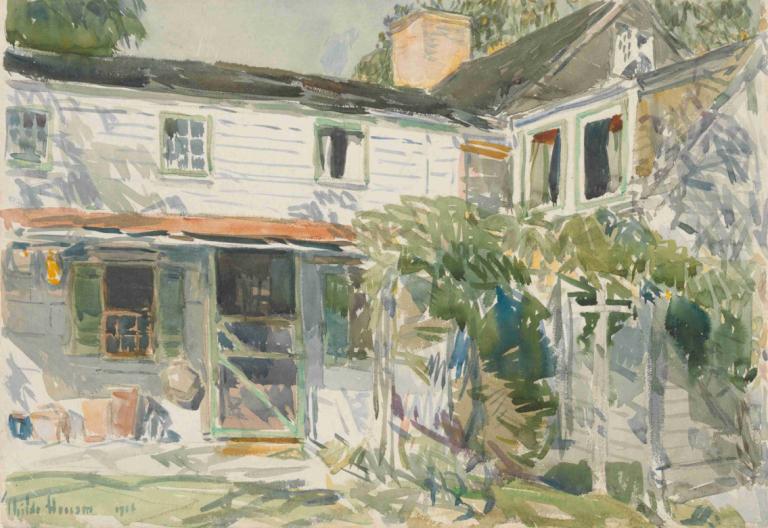 Back of the Old House,Childe Hassam,Oil Painting,Oil Painting, no humans, scenery, plant, outdoors, window